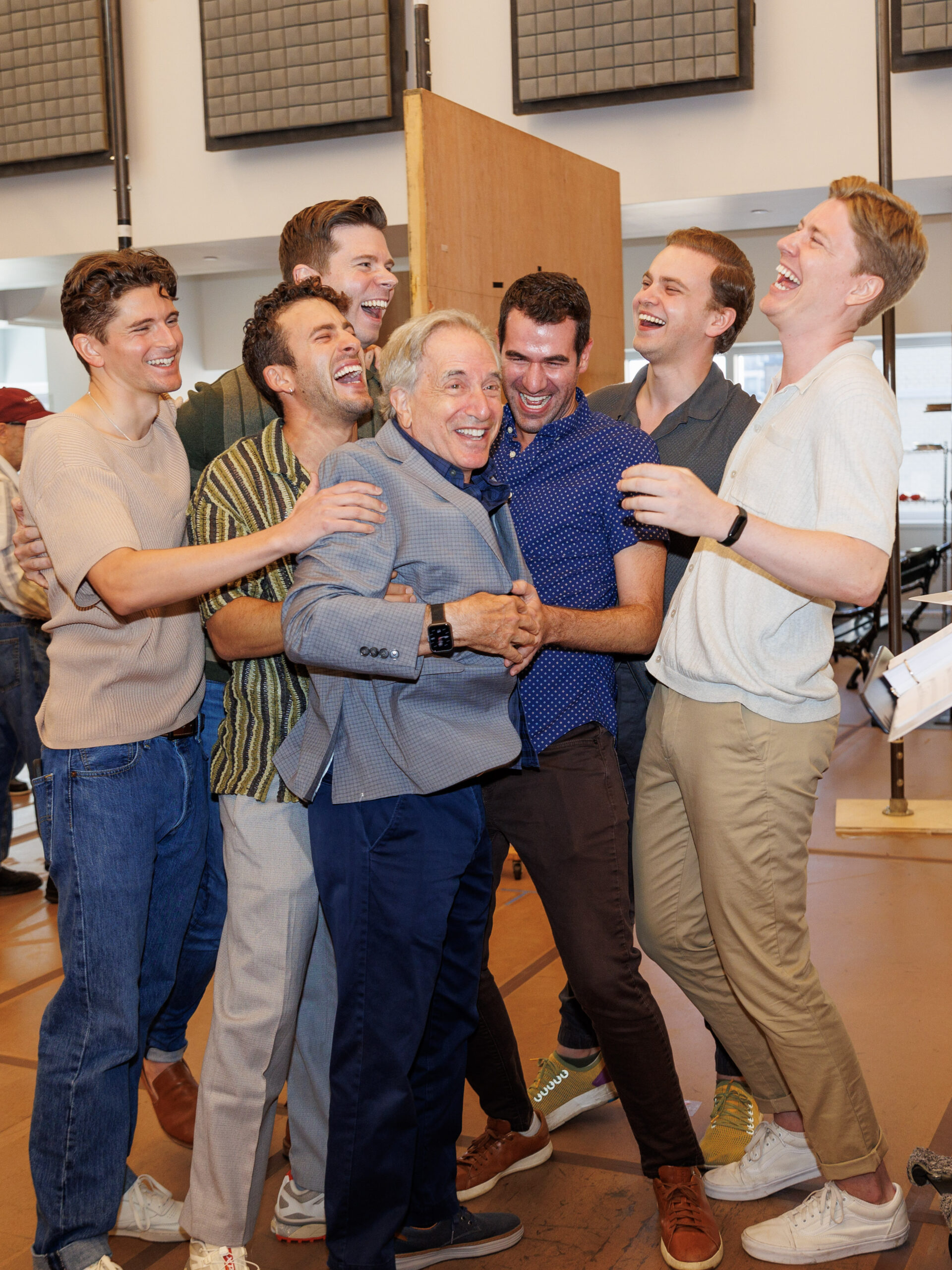 Blake Roman, Danny Kornfeld, Sean Bell, Chip Zien, Zal Owen, Steven Telsey, and Eric Peters in rehearsals for Harmony. Photo by Paul Aphisit.