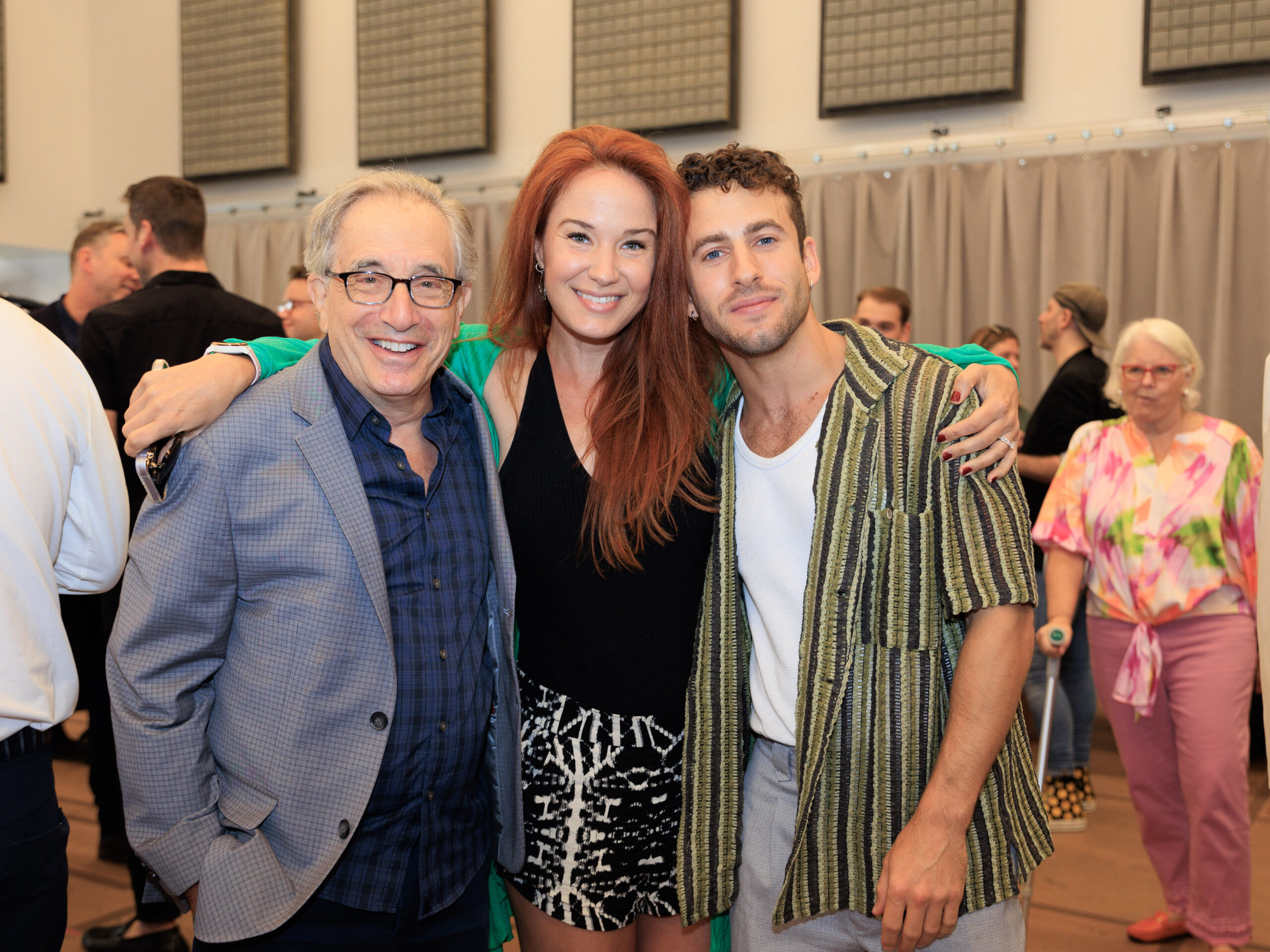 Chip Zien, Sierra Boggess, and Danny Kornfeld in rehearsals for Harmony. Photo by Paul Aphisit.