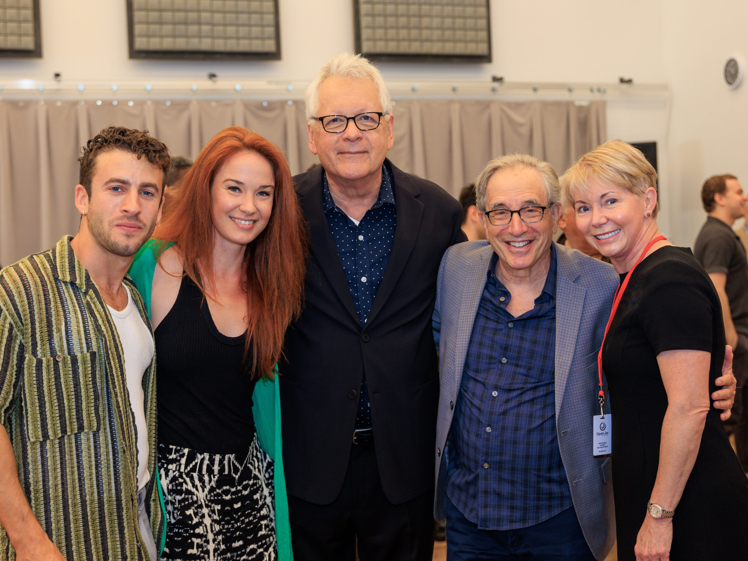 Danny Kornfeld, Sierra Boggess, Bruce Sussman, Chip Zien, and Sandi Moran in rehearsals for Harmony. Photo by Paul Aphisit.