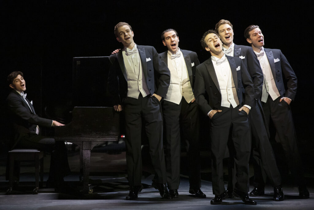 Blake Roman, Steven Telsey, Zal Owen, Danny Kornfeld, Eric Peters, and Sean Bell in Harmony. Photo by Julieta Cervantes.