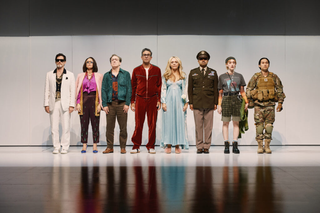 Steven Pasquale, Amber Gray, Jeremy Shamos, Bobby Cannavale, Rachel Bay Jones, Francois Battiste, Micaela Diamond, and Jin Ha in Here We Are. Photo by Emilio Madrid.