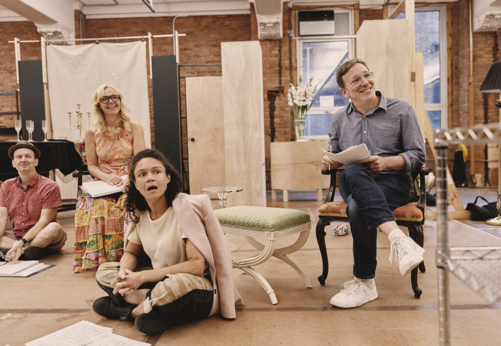 Denis O'Hare, Rachel Bay Jones, Amber Gray, and Jeremy Shamos in rehearsals for Here We Are. Photo by Emilio Madrid.