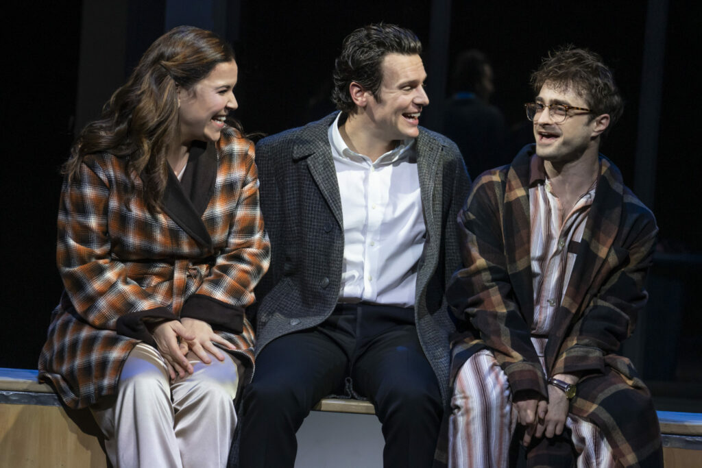 Lindsay Mendez, Jonathan Groff, and Daniel Radcliffe in Merrily We Roll Along. Photo by Joan Marcus.