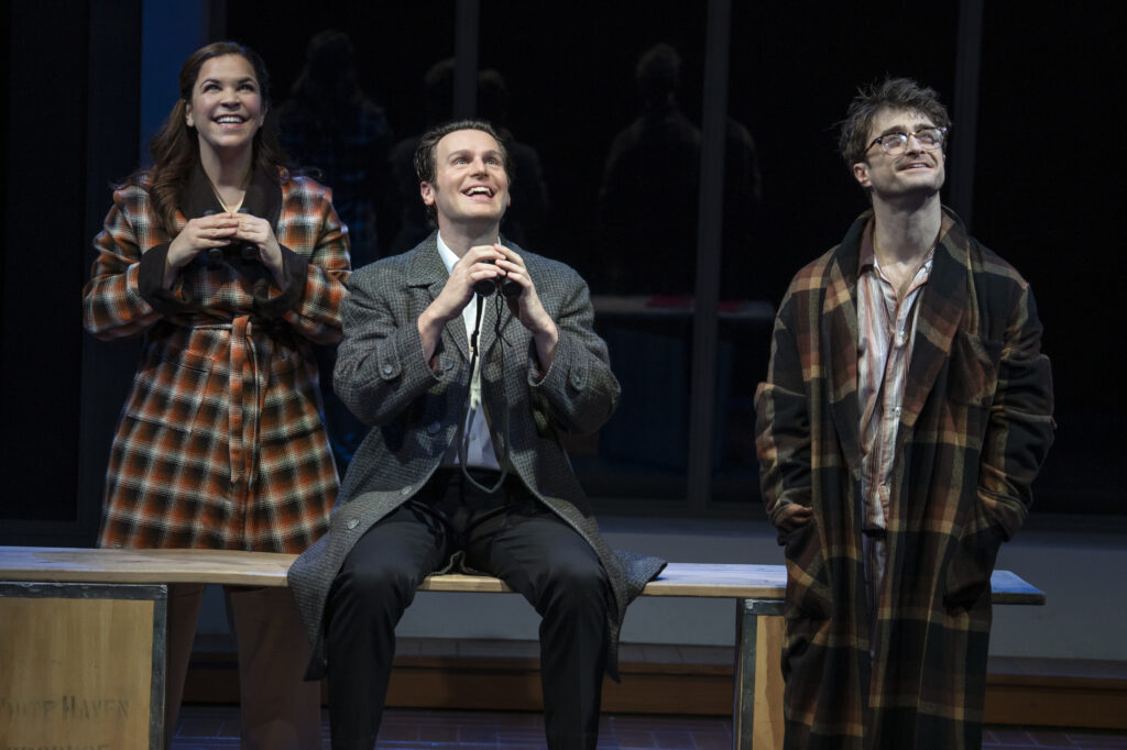 Lindsay Mendez, Jonathan Groff, and Daniel Radcliffe in Merrily We Roll Along. Photo by Joan Marcus.