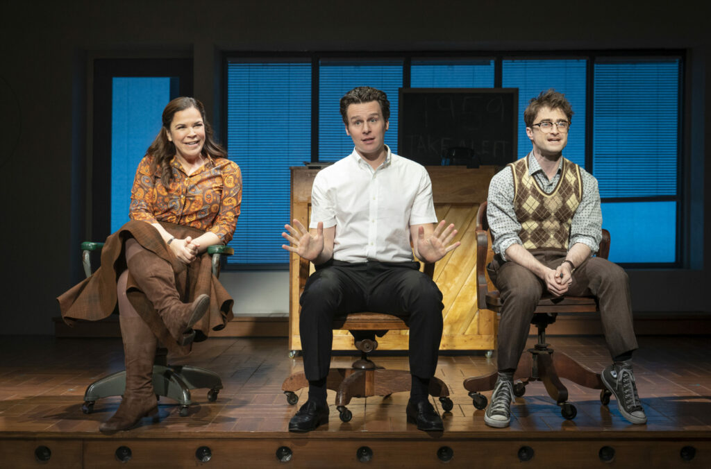 Lindsay Mendez, Jonathan Groff, and Daniel Radcliffe in Merrily We Roll Along. Photo by Joan Marcus.