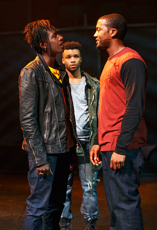 Saul Williams, Dyllon Burnside, and Joshua Boone in Holler If Ya Hear Me. Photo by Joan Marcus.