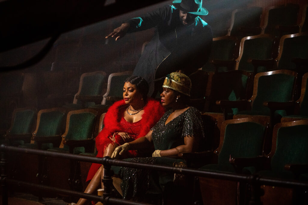 Taraji P. Henson and Fantasia Barrino with director Blitz Bazawule on the set of The Color Purple. Photo by Eli Ade.