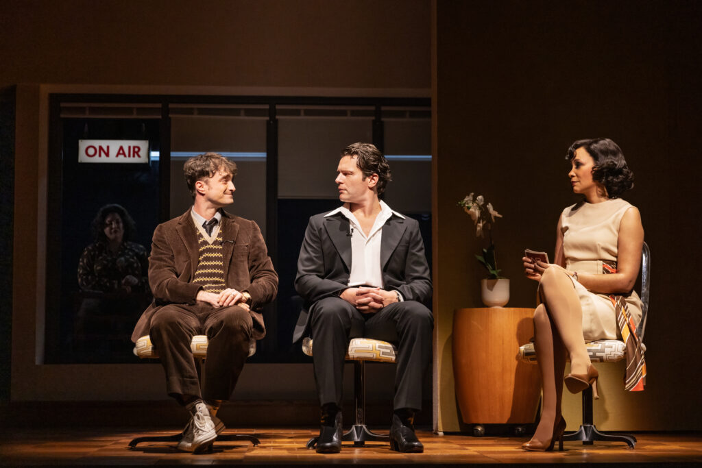 Daniel Radcliffe, Jonathan Groff, and Natalie Wachen in Merrily We Roll Along. Photo by Matthew Murphy.