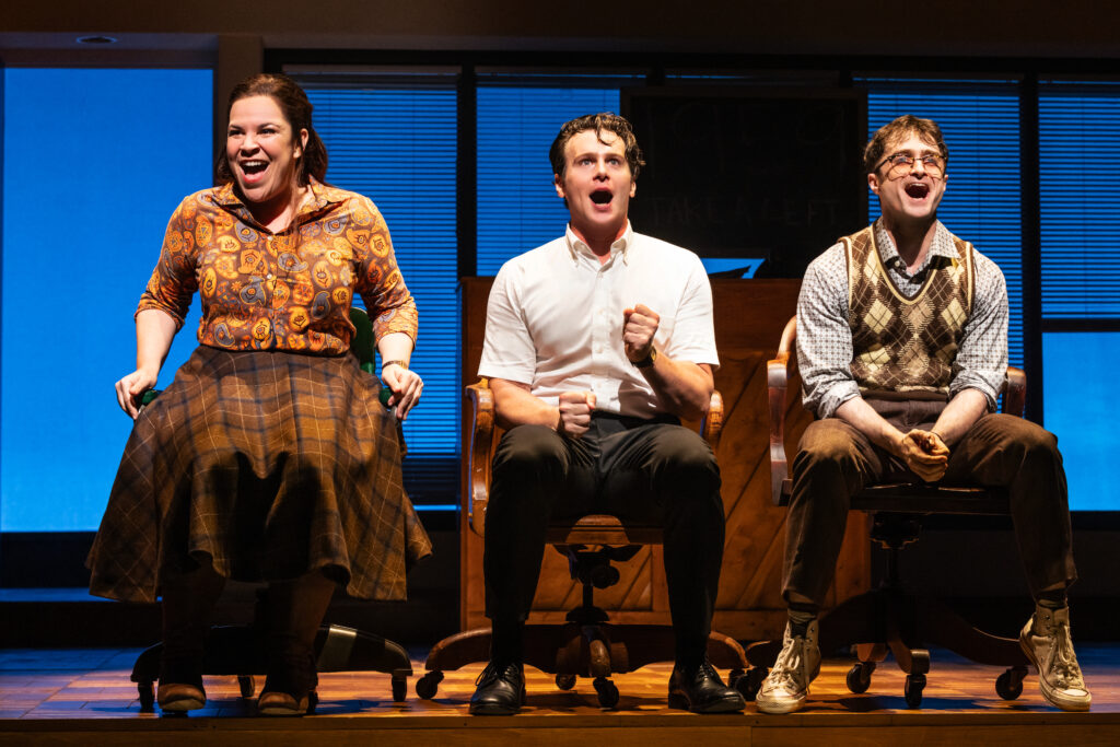 Lindsay Mendez, Jonathan Groff, and Daniel Radcliffe in Merrily We Roll Along. Photo by Matthew Murphy.