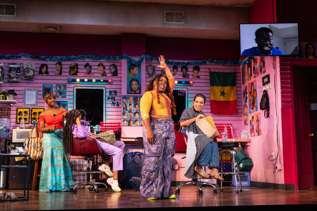 Nana Mensah, Lakisha May, Maechi Aharanwa, and Kalyne Coleman in Jaja’s African Hair Braiding. Photo by Matthew Murphy.