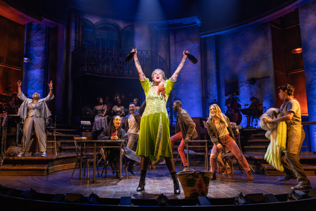 Lillias White, Solea Pfeiffer, Betty Who, Emily Afton, and Reeve Carney in Hadestown. Photo by Matthew Murphy.