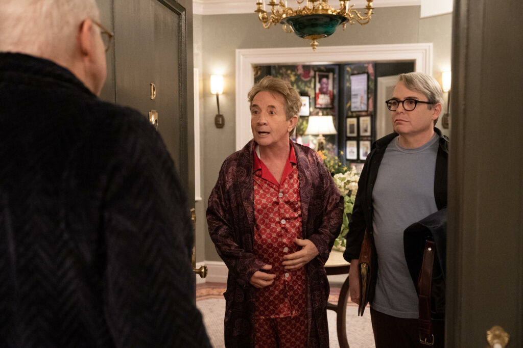 Steve Martin, Martin Short, and Matthew Broderick in Only Murders in the Building. Photo by Patrick Harbron/Hulu.