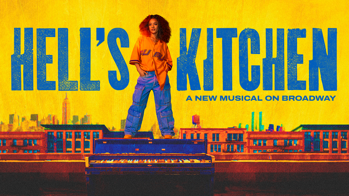 'Hell's Kitchen A New Musical on Broadway' title in blue all caps with Maleah Joi Moon in between the words on a yellow background. The text is set above image of nyc skyline and a piano.