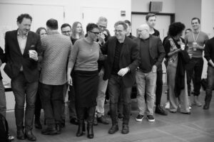 Producer Kevin McCollum (left), directors Schele Williams and Michael Greif (center), andcast/company members in rehearsals for The Notebook. Photo by Jenny Anderson.