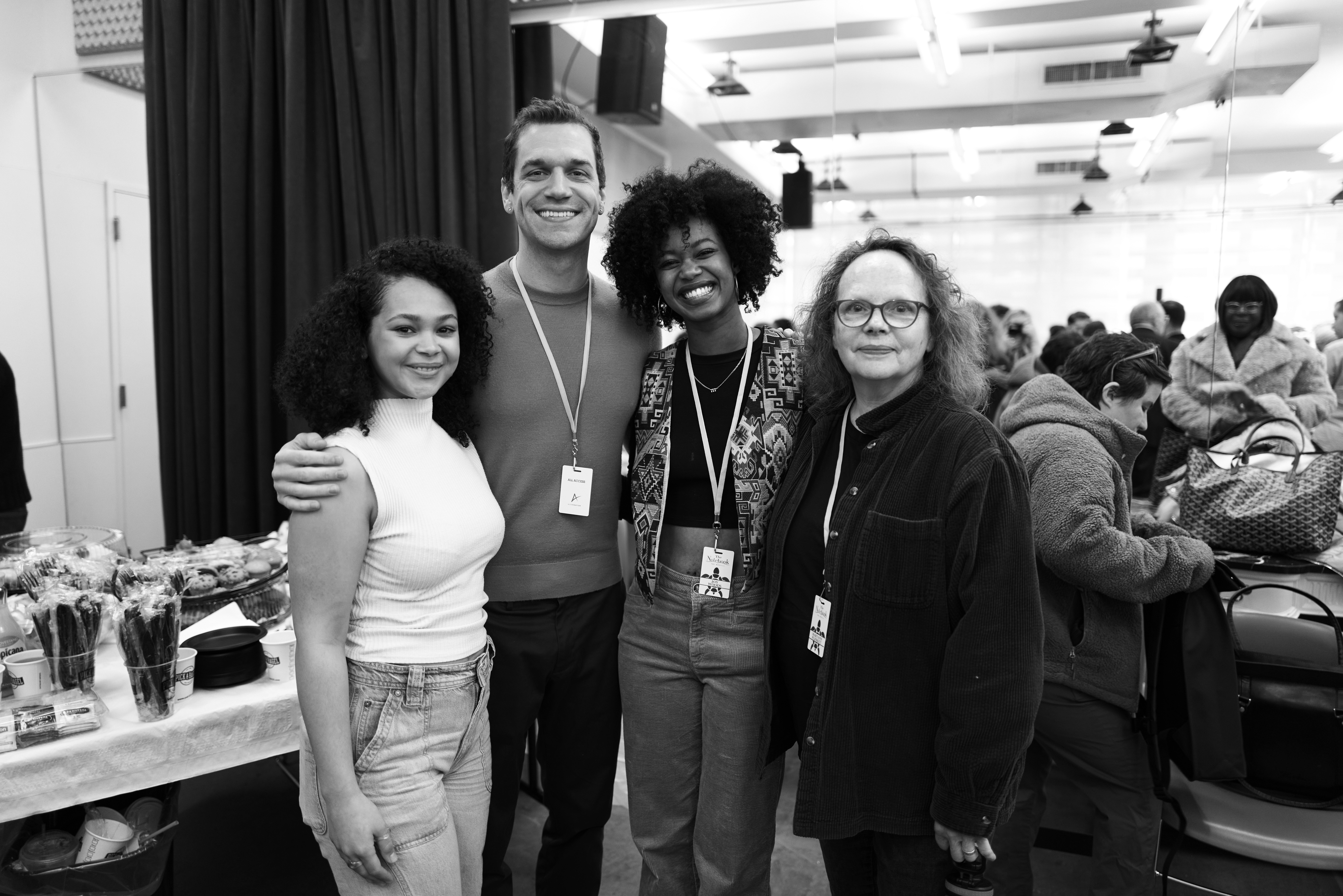 Jordan Tyson, Ryan Vasquez, Joy Woods, and Maryann Plunkett in rehearsals for <i>The Notebook</i>. Photo by Jenny Anderson.