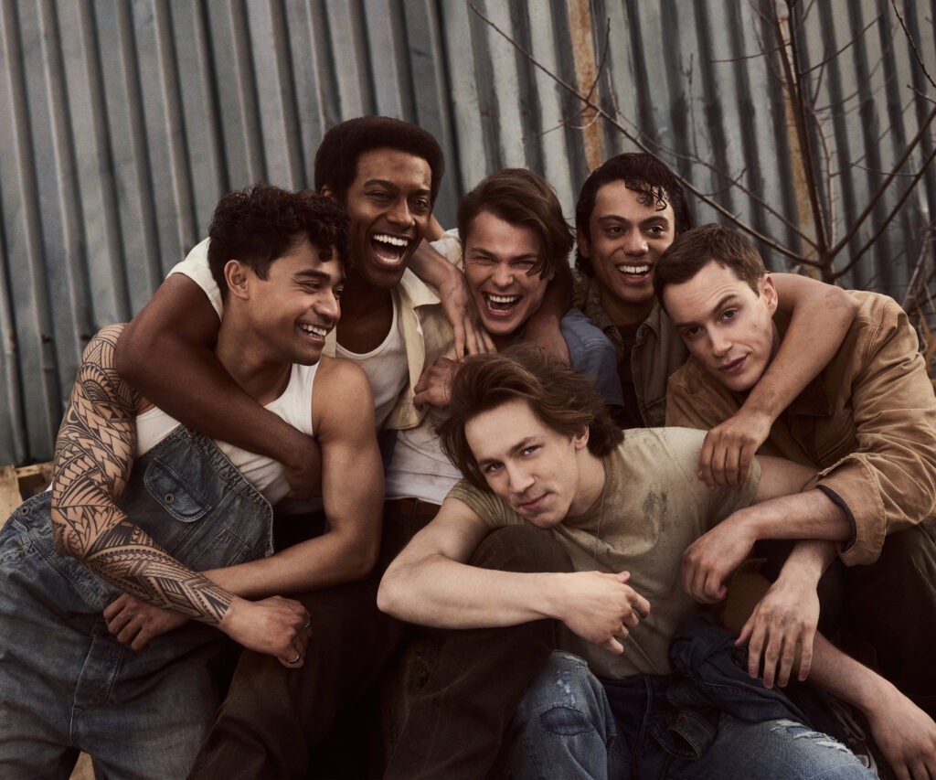 Daryl Tofa as Two-Bit Mathews, Joshua Boone as Dallas Winston, Jason Schmidt as Sodapop Curtis, Sky Lakota-Lynch as Johnny Cade, Brent Comer as Darrel Curtis, with Brody Grant in front as Ponyboy Curtis. Photo by Miller Mobley.