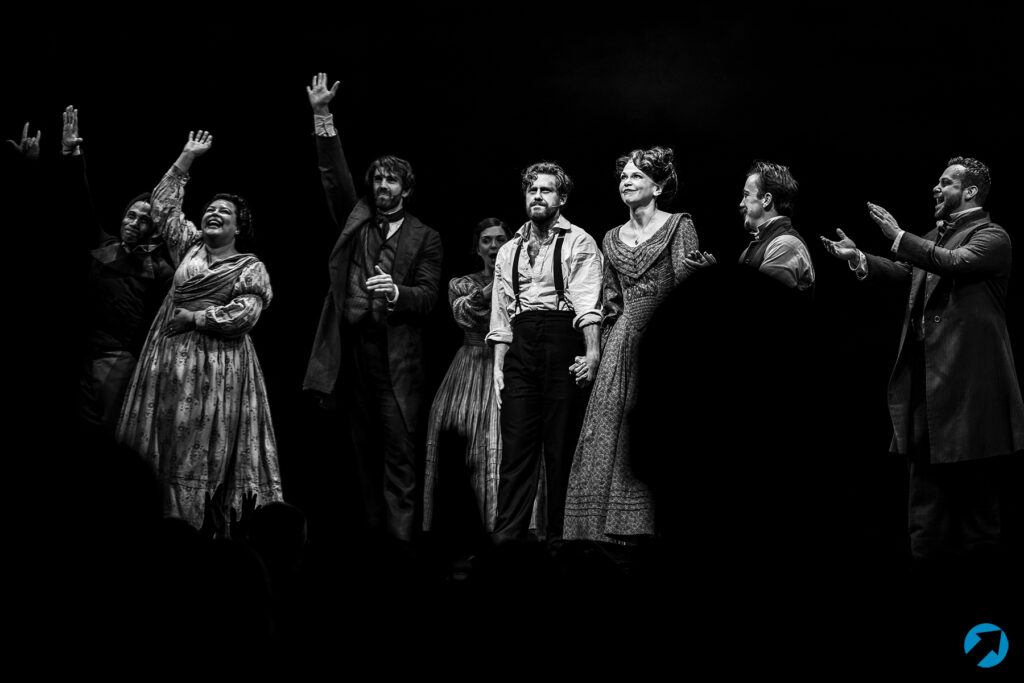 Aaron Tveit, Sutton Foster, and the company of <i>Sweeney Todd</i>. Photo by Angela of York for Broadway Direct.