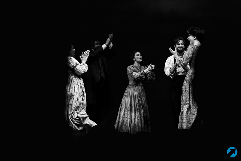 Aaron Tveit, Sutton Foster, and the company of <i>Sweeney Todd</i>. Photo by Angela of York for Broadway Direct.