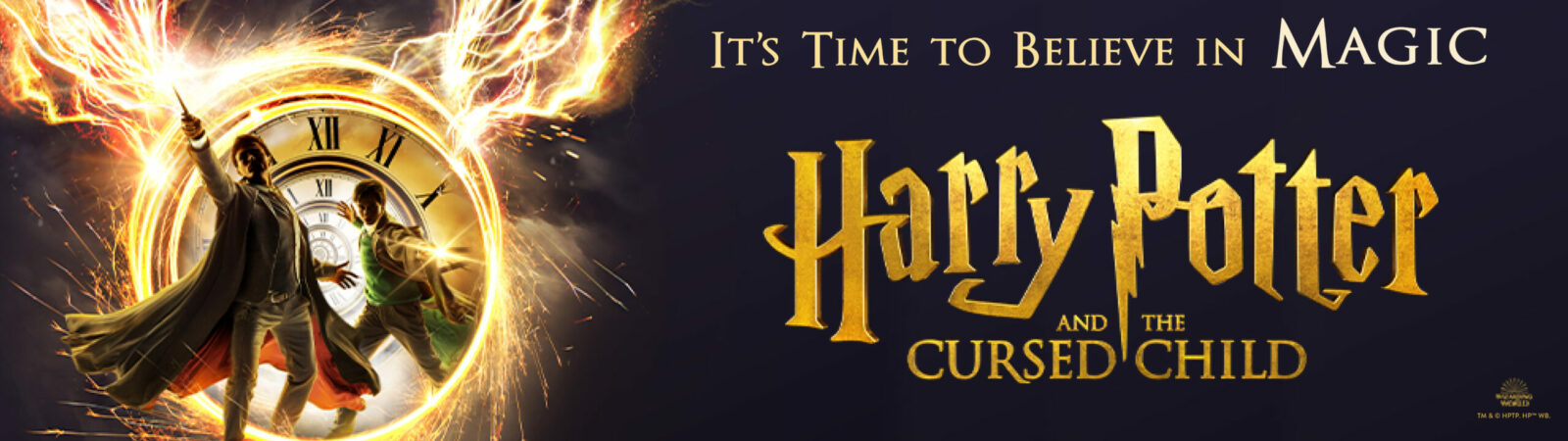 'Harry Potter and the Cursed Child' in gold on a dark blue background. Image to the left shows Harry Potter and Albus Potter casting magic through a time portal