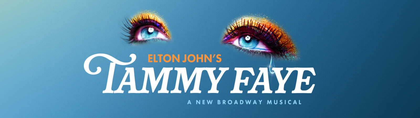 'Elton John's Tammy Faye' title in all caps on a blue background. Image of two eyes with eyeshadow above text.