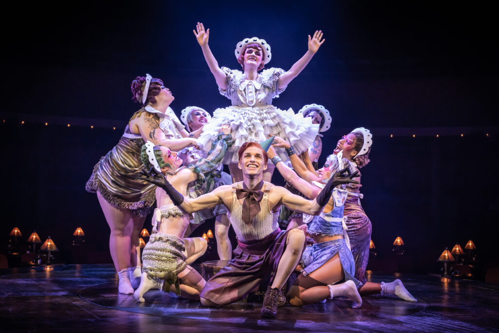 Gayle Rankin, Eddie Redmayne, and the Kit Kat Girls in <i>Cabaret</i>. Photo by Marc Brenner. 