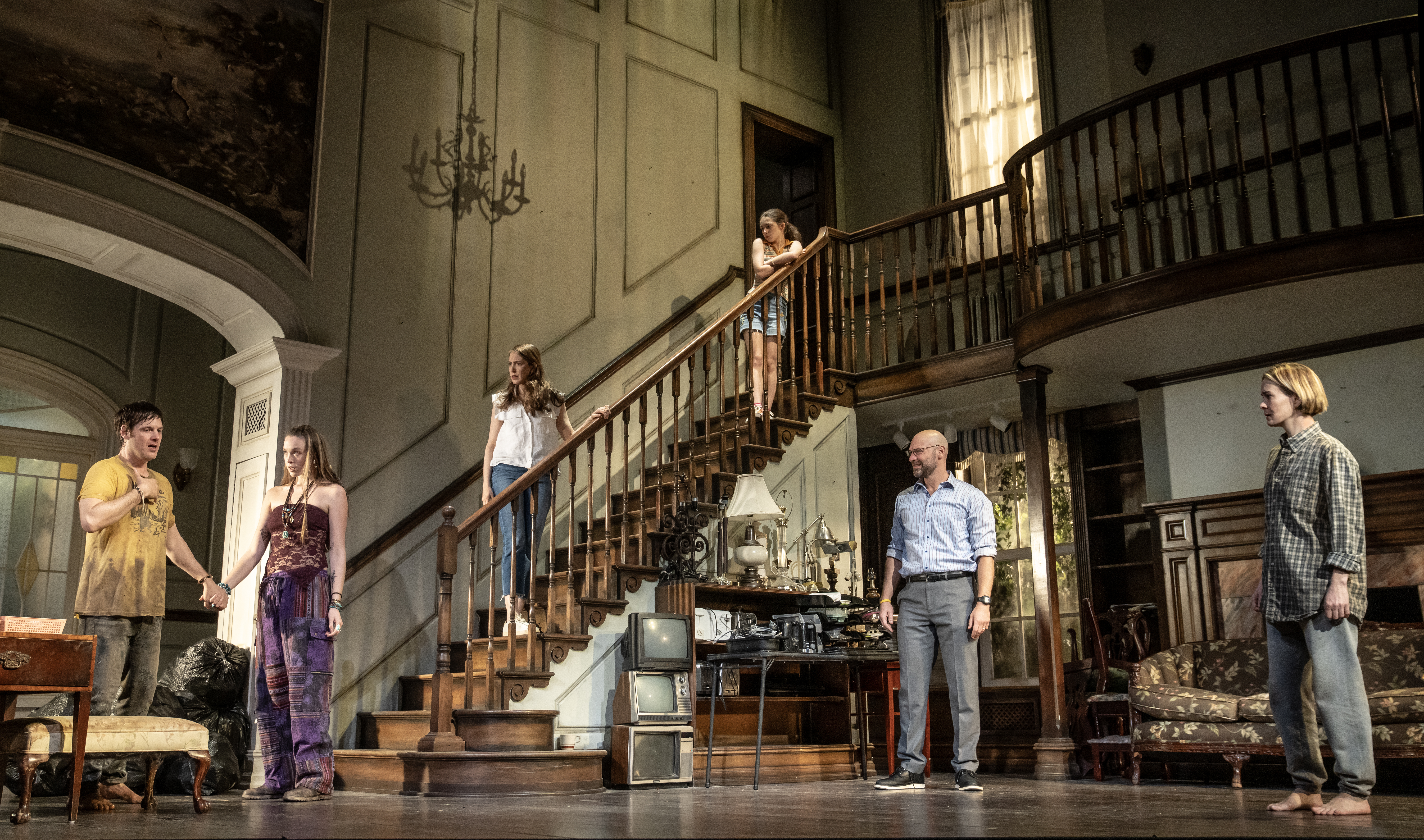Michael Esper, Ella Beatty, Natalie Gold, Alyssa Emily Marvin, Corey Stoll, and Sarah Paulson in Appropriate.