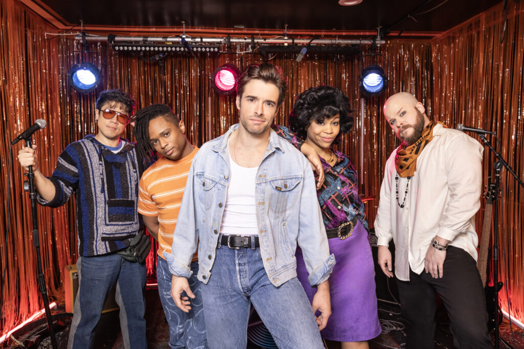 Raymond J. Lee, John-Michael Lyles, Corey Cott, Tamika Lawrence, and F. Michael Haynie in The Heart of Rock and Roll. Photo by Matthew Murphy