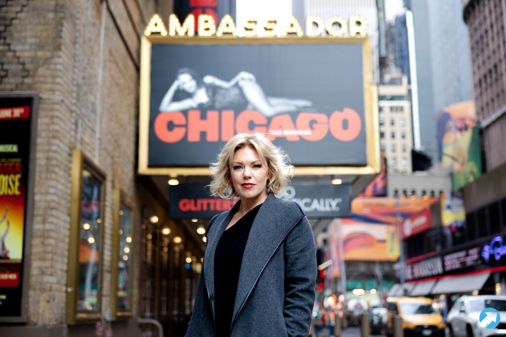 Robyn Hurder of Chicago outside the Ambassador Theatre. Photo by Angela of York for Broadway Direct.