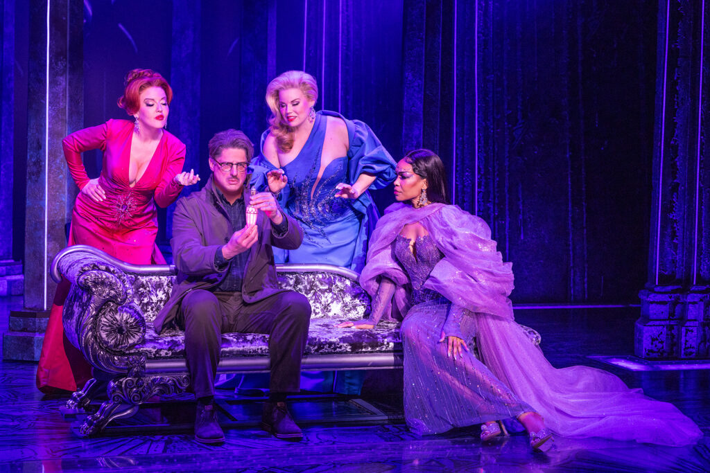 Jennifer Simard, Christopher Sieber, Megan Hilty, and Michelle Williams in Death Becomes Her. Photo by Matthew Murphy and Evan Zimmerman.