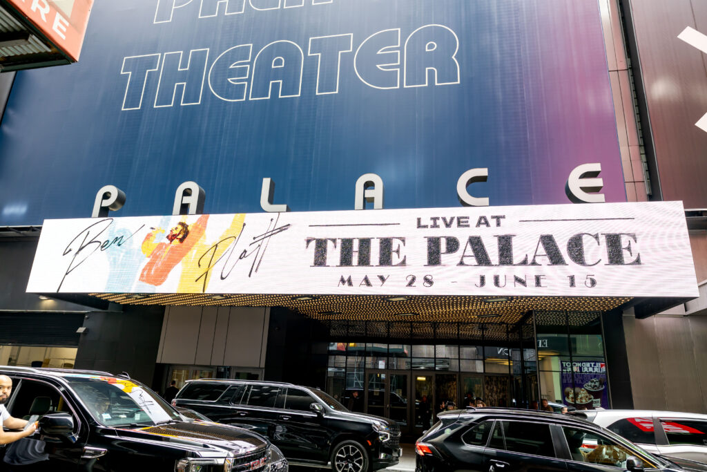 The front of the Palace Theatre. Photo by Rebecca J Michelson for Broadway Direct.
