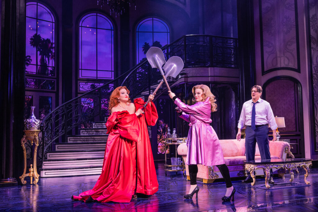 Jennifer Simard, Megan Hilty, and Christopher Sieber in Death Becomes Her. Photo by Matthew Murphy and Evan Zimmerman.