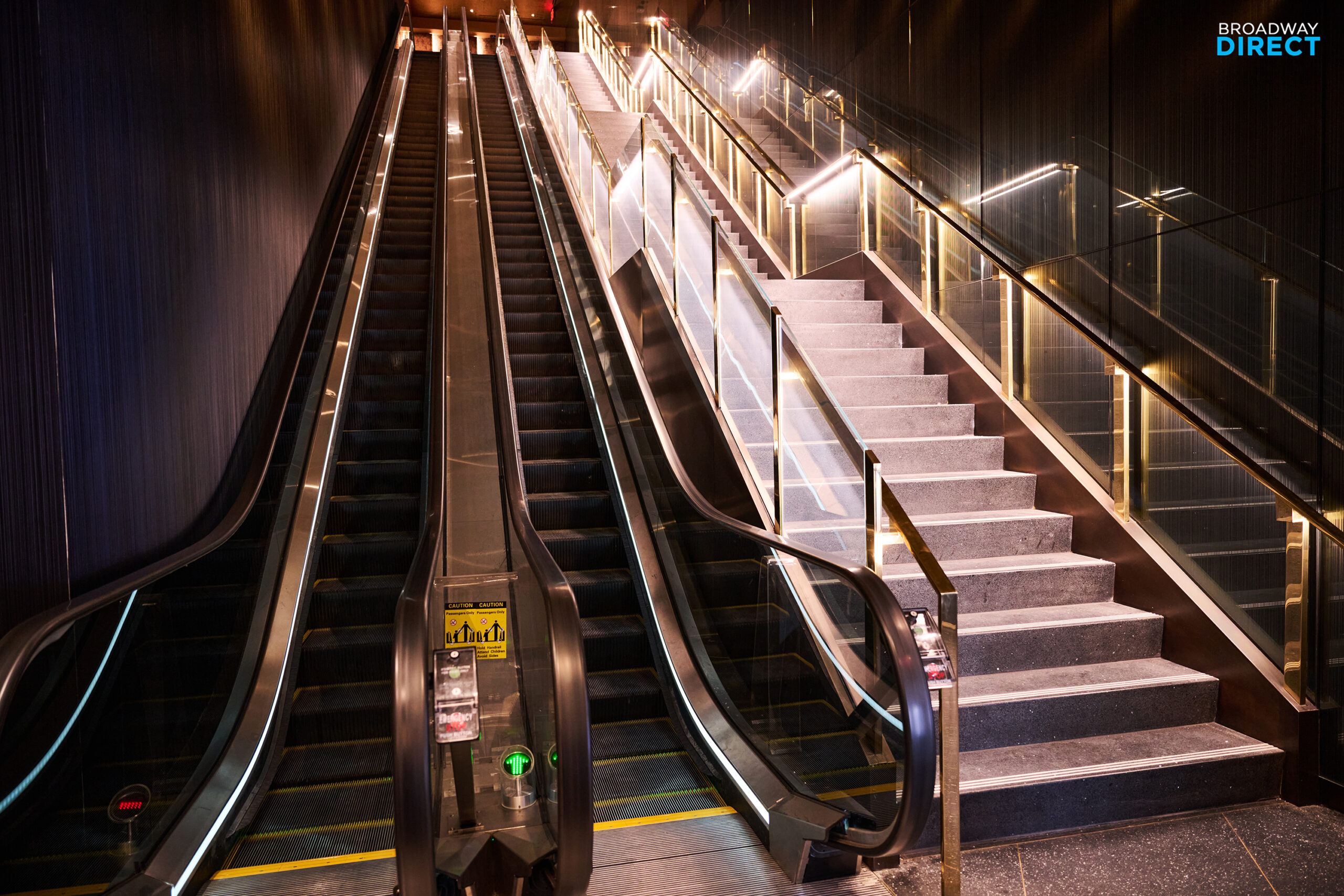 The escalator entrance to the Palace Theatre on Broadway. Photo by Jenny Anderson for Broadway Direct.