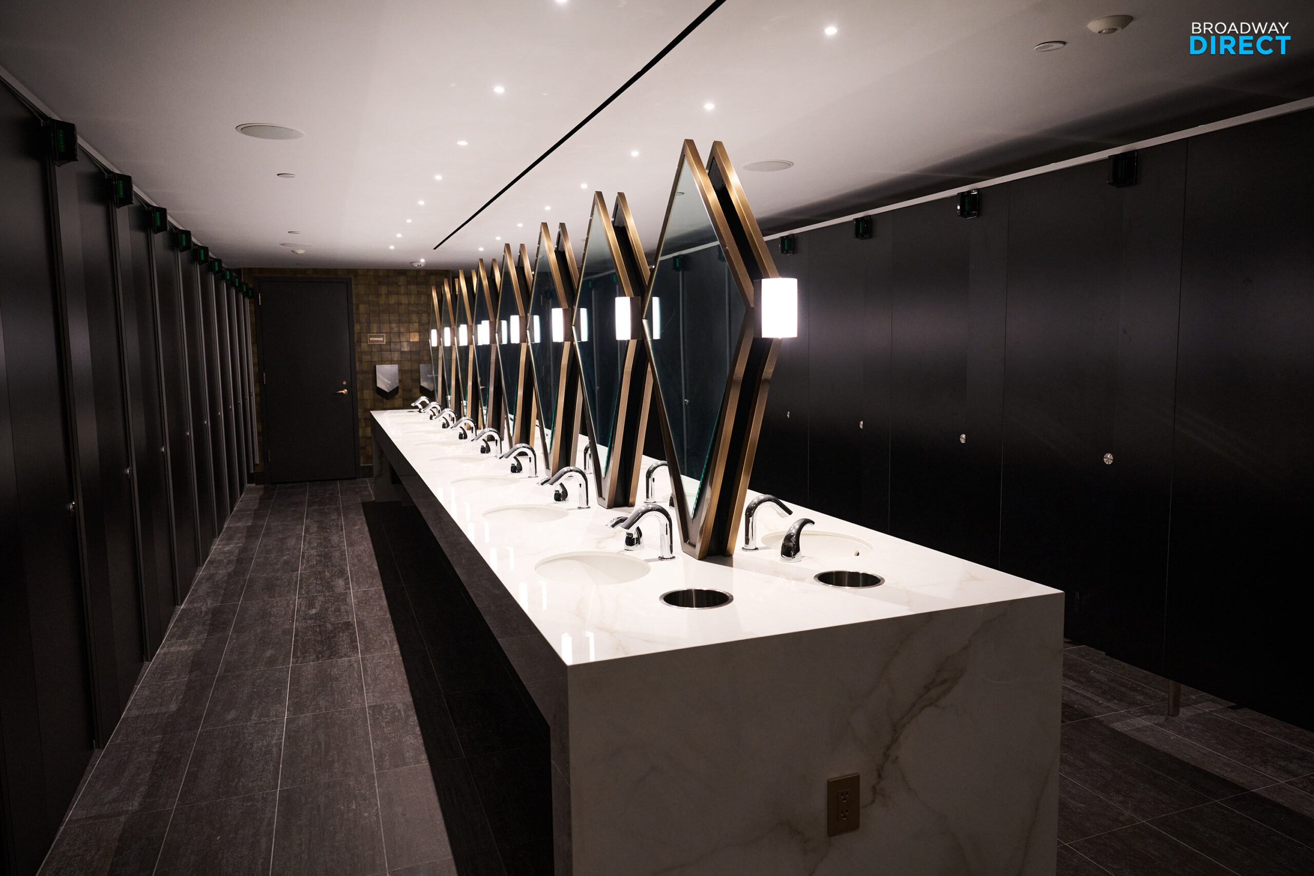 One of the newly renovated restrooms in the Palace Theatre on Broadway. Photo by Jenny Anderson for Broadway Direct.