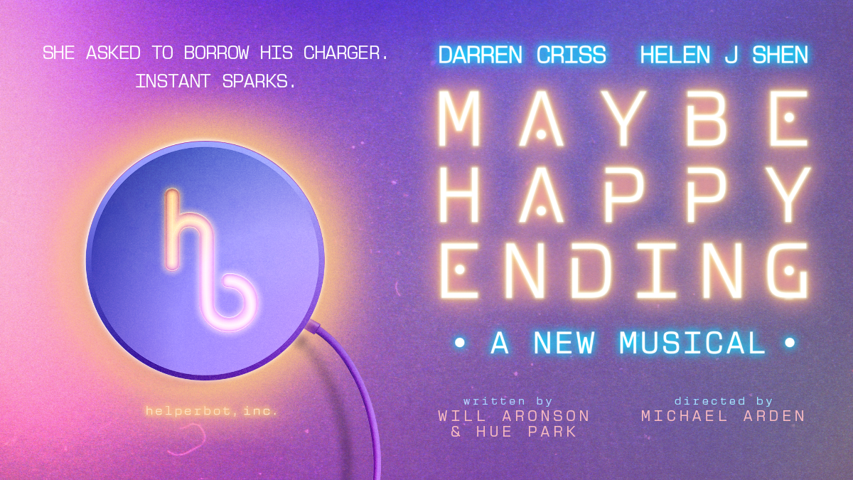 Maybe Happy Ending: A New Musical' title in neon all caps on a purple gradient background.