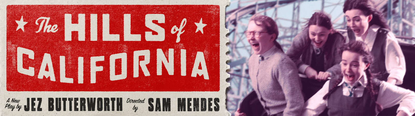 'The Hills of California' title in white all caps on a red and white stamp with a black background. Left image is four female characters on a roller coaster.