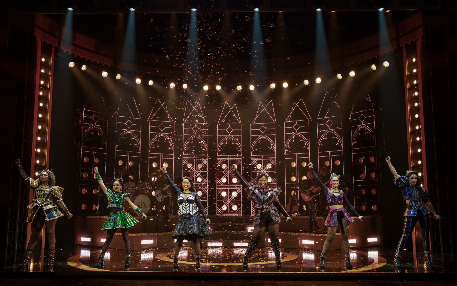 Khaila Wilcoxon, Storm Lever, Jasmine Forsberg, Olivia Donalson, Didi Romero, and Gabriela Carrillo in SIX. Photo by Joan Marcus.