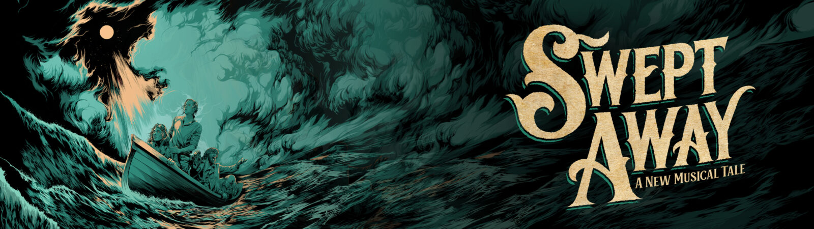 'Swept Away: A New Musical Tale' title in cream all caps. Background image shows a boat on a rocky waved ocean