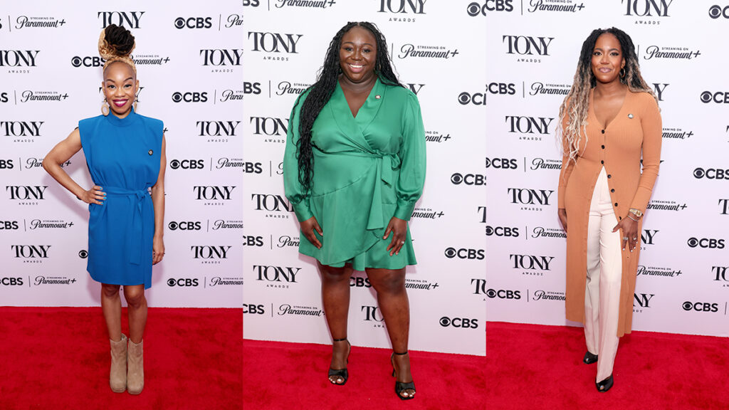 Camille A. Brown, Jocelyn Bioh, and Whitney White at the 77th Annual Tony Awards Meet The Nominees Press Event. Photos by Jemal Countess/Getty Images for Tony Awards Productions.