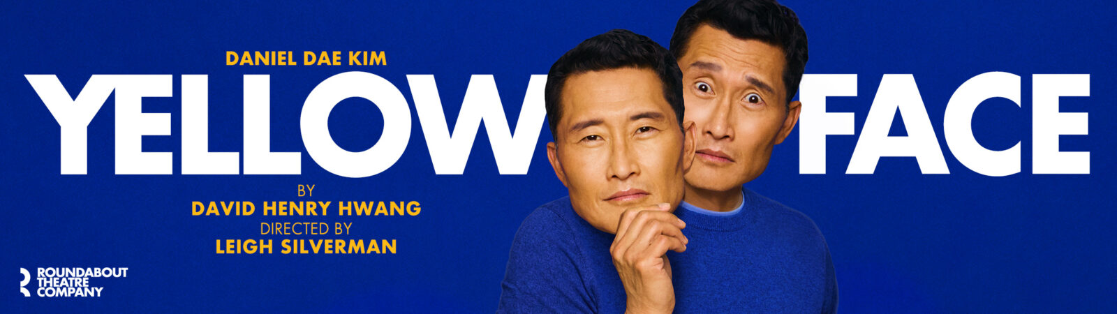 'Yellowface' in white all caps on a blue background. Below text is 'By David Henry Hwang' in yellow all caps. Image to the right is Daniel Dae Kim.