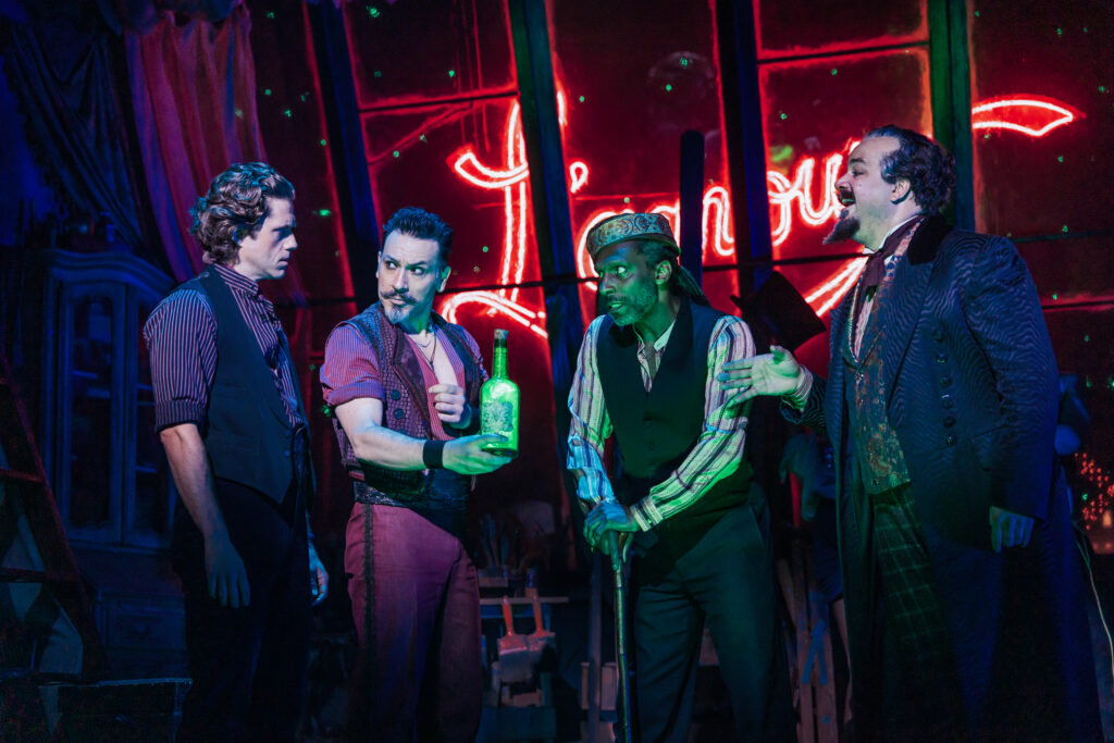 Aaron Tveit, Ricky Rojas, André Ward, and Austin Durant in Moulin Rouge! The Musical. Photo by Matthew Murphy.