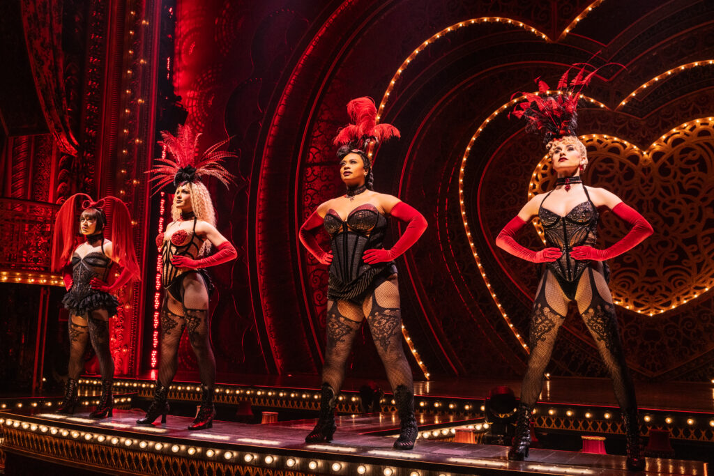 Jeigh Madjus, Tasia Jungbauer, Jacqueline B. Arnold, and Sophie Carmen-Jones in Moulin Rouge! The Musical. Photo by Matthew Murphy.