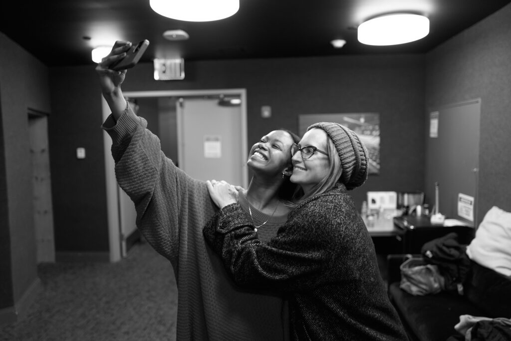 Joy Woods and Ingrid Michaelson during <i>The Notebook</i> Cast Recording session. Photo by Jenny Anderson.