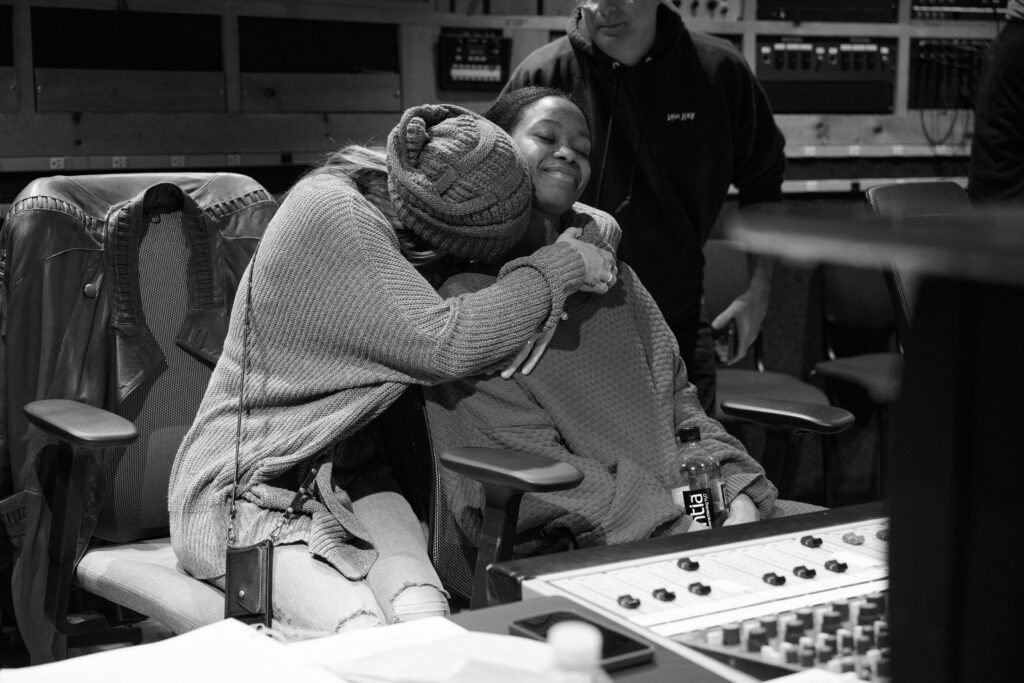 Ingrid Michaelson and Joy Woods during <i>The Notebook</i> Cast Recording session. Photo by Jenny Anderson.