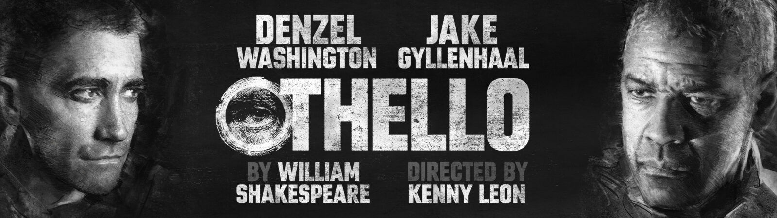 'Othello' title in textured white all caps on a black background. Image on either side of text is Denzel Washington and Jake Gyllenhaal in black and white.