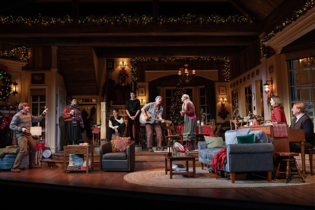 Chris Lowell, Barbie Ferreira, Roberta Colindrez, Rebecca Henderson, Christopher Sears, Shailene Woodley, Mare Winningham, and David Rasche in Cult of Love. Photo by Joan Marcus.