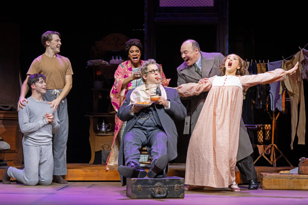 Zachary Daniel Jones, Brendan Sheehan, Audra McDonald, Andrew Kober, Danny Burstein, and Jordan Tyson in Gypsy. Photo by Julieta Cervantes.
