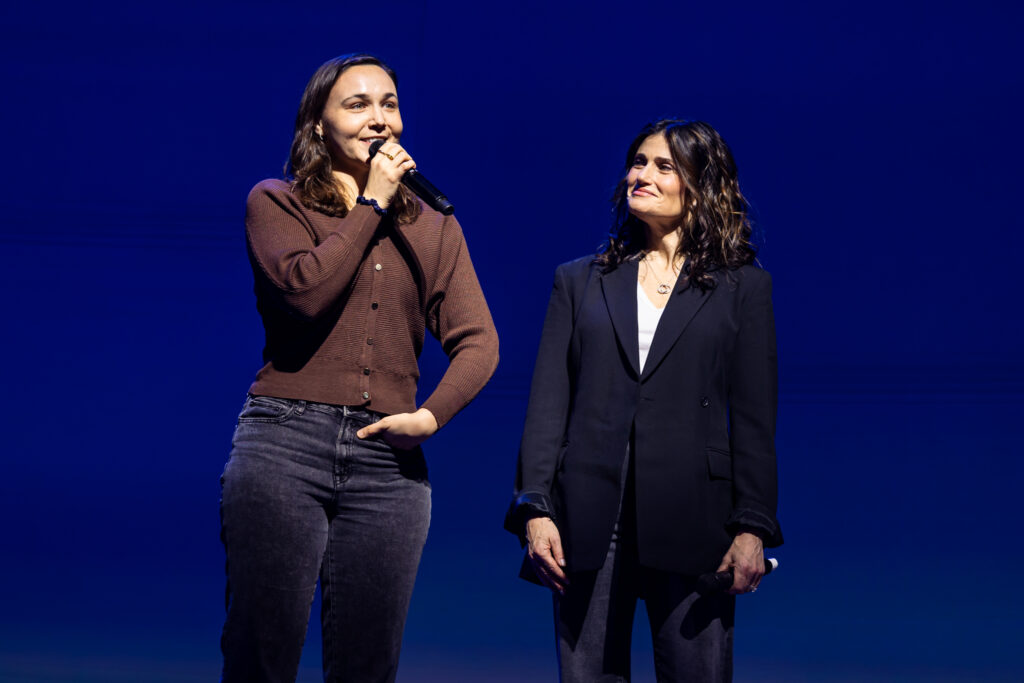 Kate Diaz (Music & Co-Lyrics) and Idina Menzel of Redwood. Photo by Rebecca J Michelson for Broadway Direct.
