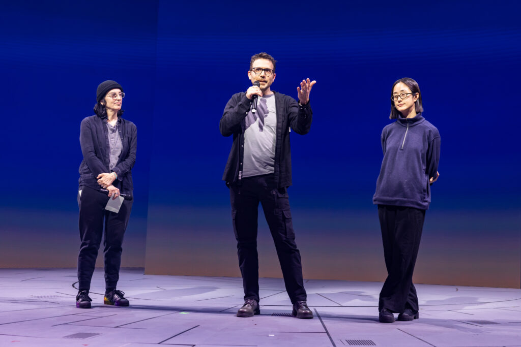 Tina Landau (Director),Jason Ardizzone-West (Scenic Design), and Hana S. Kim (Video Design) of Redwood. Photo by Rebecca J Michelson.
