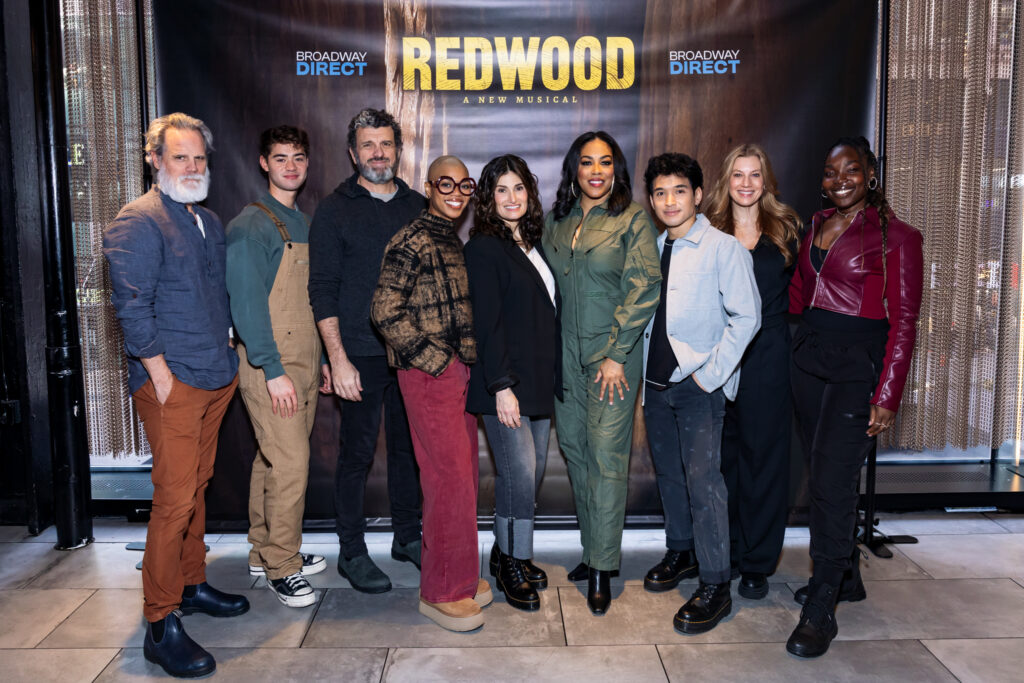 Michael Park, Daniel Brackett, Bradley Dean, Khaila Wilcoxon, Idina Menzel, De’Adre Aziza, Zachary Noah Piser, Jessica Phillips, and Veronica Otim of Redwood. Photo by Rebecca J Michelson for Broadway Direct.