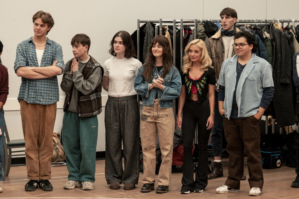 Jamie Martin Mann, Louis McCartney, Shea Grant, Alison Jaye, Dora Dolphin, Alex Breaux, and Juan Carlos of Stranger Things: The First Shadow. Photo by Matthew Murphy.